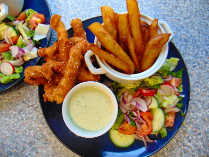 Schnitzel Strips with Green Tahini Dip recipe, eat well on universal credit