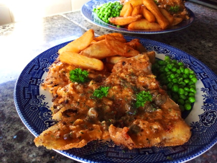 Fish, Chips, Peas and Caper Sauce